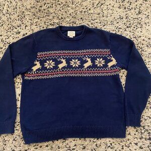 St Johns Bay Cotton Sweater Lrg Reindeer Christmas Blue